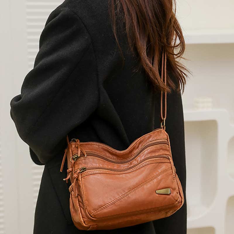 Umhängetasche aus weichem Leder mit zwei Fächern, Retro-Handtasche für Damen
