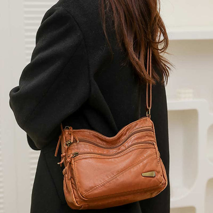 Umhängetasche aus weichem Leder mit zwei Fächern, Retro-Handtasche für Damen