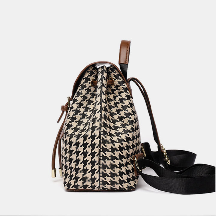 Damen Mini-Rucksack Geldbörse Hahnentrittmuster Klappe Tagesrucksack Leder Schultertasche