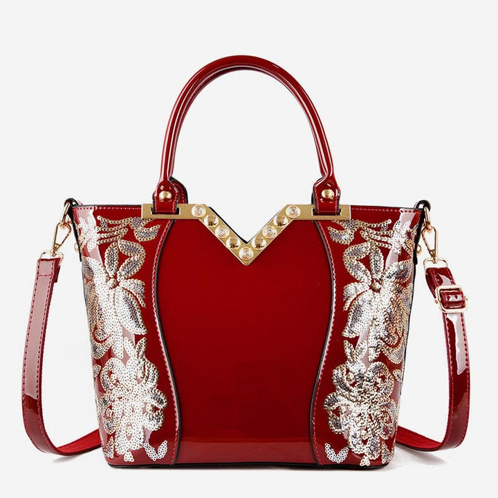 Tragetasche für Damen, bestickte Handtasche aus Lackleder mit Pailletten und Diamanten