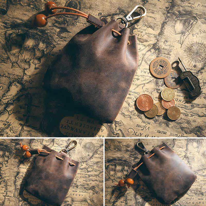 Vintage Münzgeldbörse Echtleder Beutel Brieftasche Kordelzug Aufbewahrungstasche