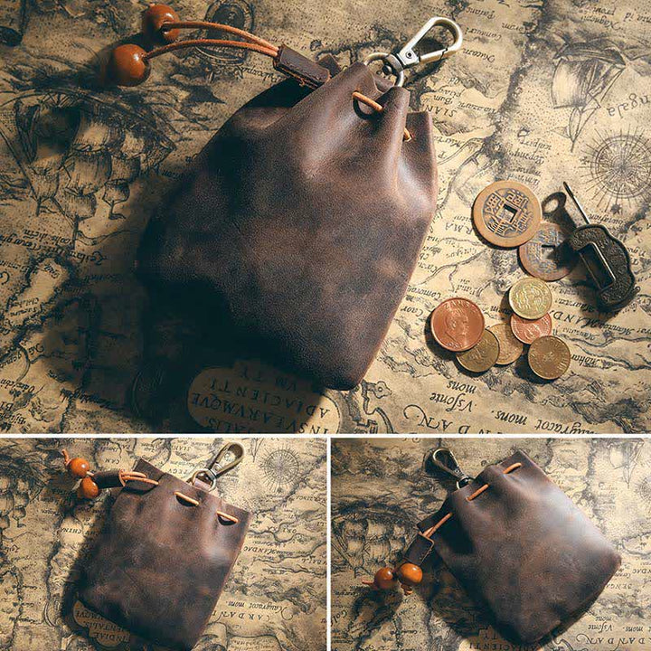Vintage Münzgeldbörse Echtleder Beutel Brieftasche Kordelzug Aufbewahrungstasche