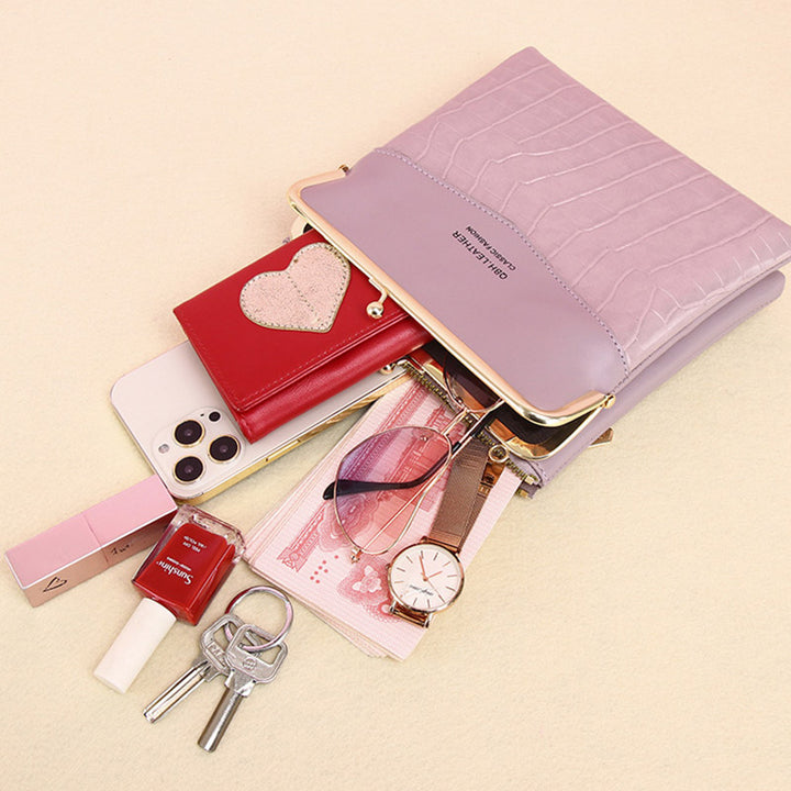 Leder-Crossbody-Handtasche für Damen mit zwei Fächern und Kiss Lock-Umhängetasche
