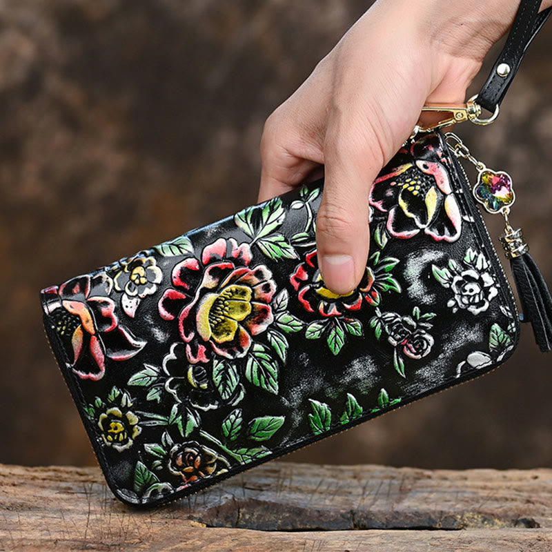 Geldbörse für Damen, echtes Leder, mit Retro-Druck, große Kapazität