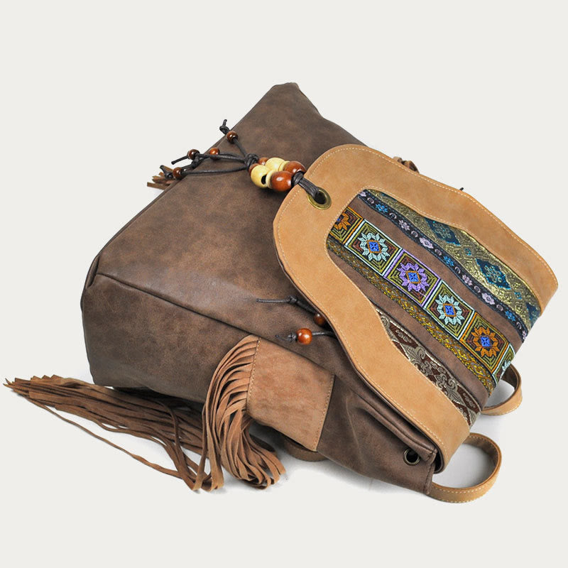 Rucksack für Damen im ethnischen Stil mit Druck und Quaste, Tagesrucksack aus Leder
