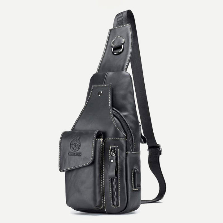Brusttasche aus echtem Leder mit mehreren Taschen und USB-Ladeanschluss