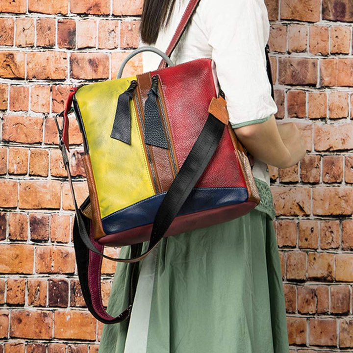 Damen Rucksack Handtasche Cabrio Schultertasche Echtleder Colorblock Casual Daypack