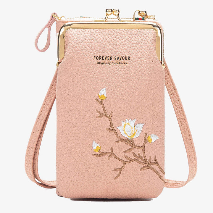 Elegante bestickte Handytasche Damen Mini Crossbody Leder Geldbörse