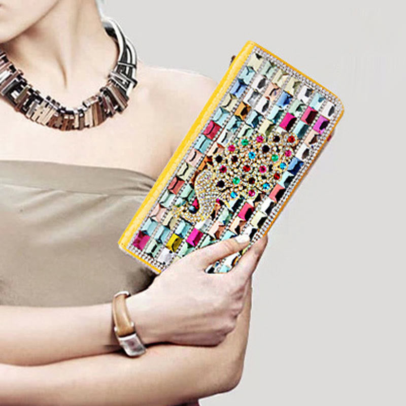 Lange Lederclutch für Damen mit Diamanten besetzte Münzbörse