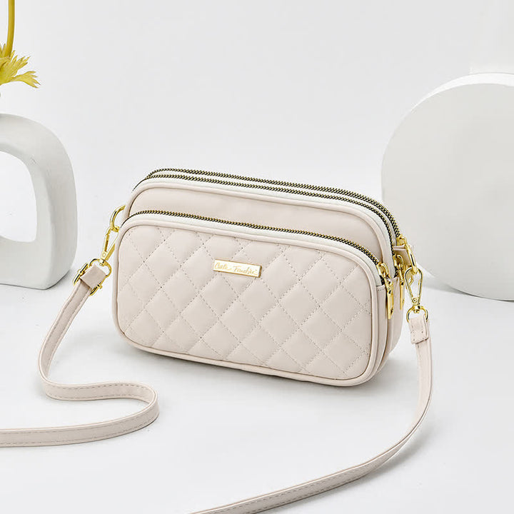 Umhängetasche mit drei Reißverschlüssen, gestepptes Leder, Schultertasche für Damen