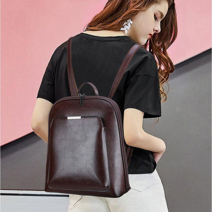 Retro PU Leder Daypack Frauen Casual Rucksack Geldbörse Reißverschluss Schultertasche