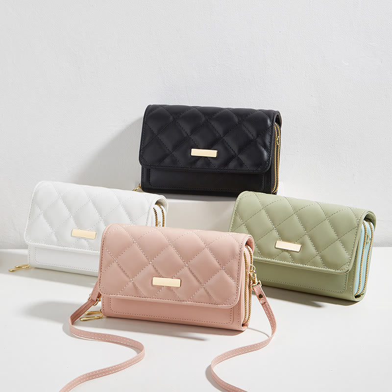 Handytasche mit doppeltem Reißverschluss, gesteppte Umhängetasche, Geldbörse, Clutch