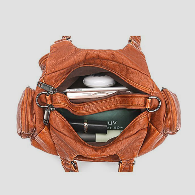 Tragetasche für Damen, Vintage, genietete Umhängetasche aus Leder mit mehreren Taschen