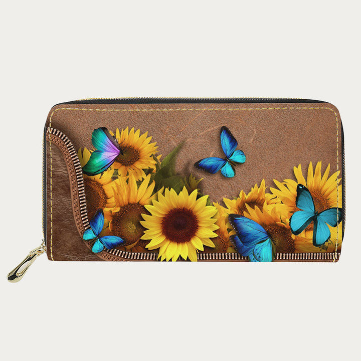 Damen-Geldbörse aus PU-Leder mit Schmetterlings- und Sonnenblumen-Muster, lange Geldbörse