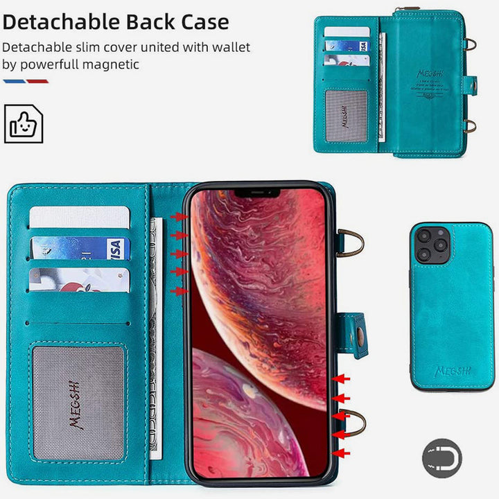 Brieftaschenhülle für iPhone Samsung [2 in 1] Magnetische abnehmbare Geldbörse [Crossbody-Kette] Folio Flip Card Solt Protection Back Cover