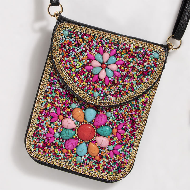 Bohemian Handytasche Damen Muschel Blumen Muster Magnetische Umhängetasche