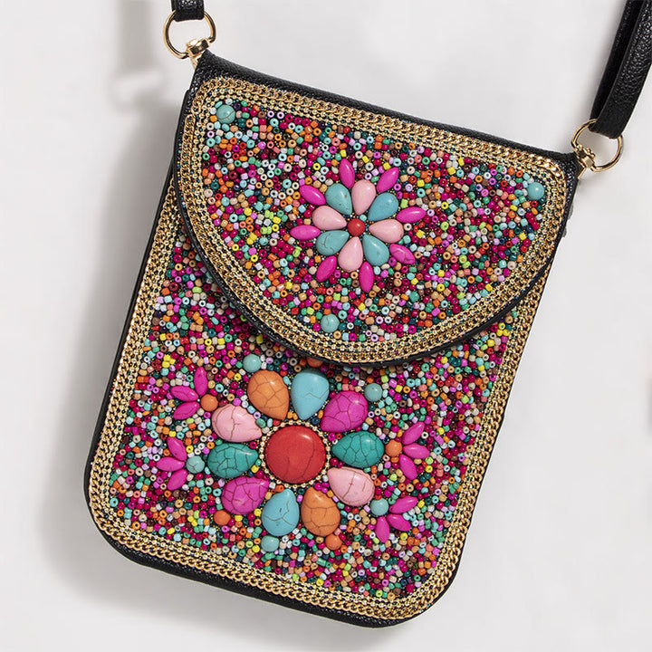 Bohemian Handytasche Damen Muschel Blumen Muster Magnetische Umhängetasche