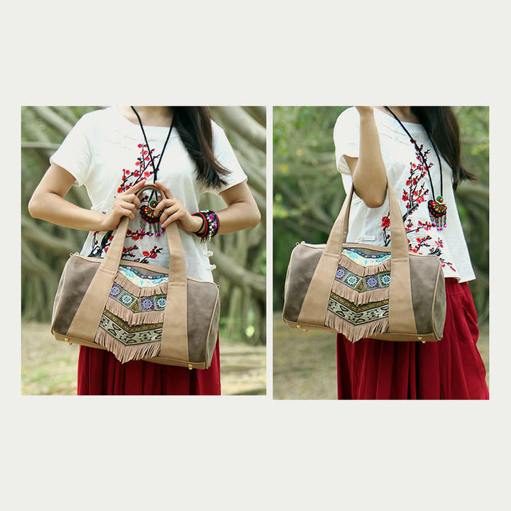 Tote für Damen im ethnischen Stil, PU-Leder, Quaste, Alltagshandtasche