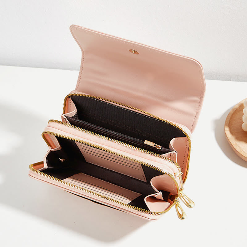 Handytasche mit doppeltem Reißverschluss, gesteppte Umhängetasche, Geldbörse, Clutch