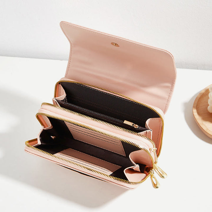 Handytasche mit doppeltem Reißverschluss, gesteppte Umhängetasche, Geldbörse, Clutch