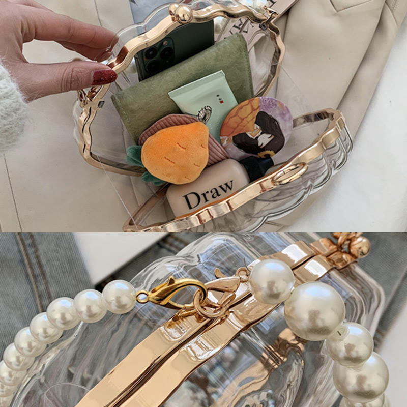 Umhängetasche für Damen mit Perlenkette und Clip, transparente Tasche