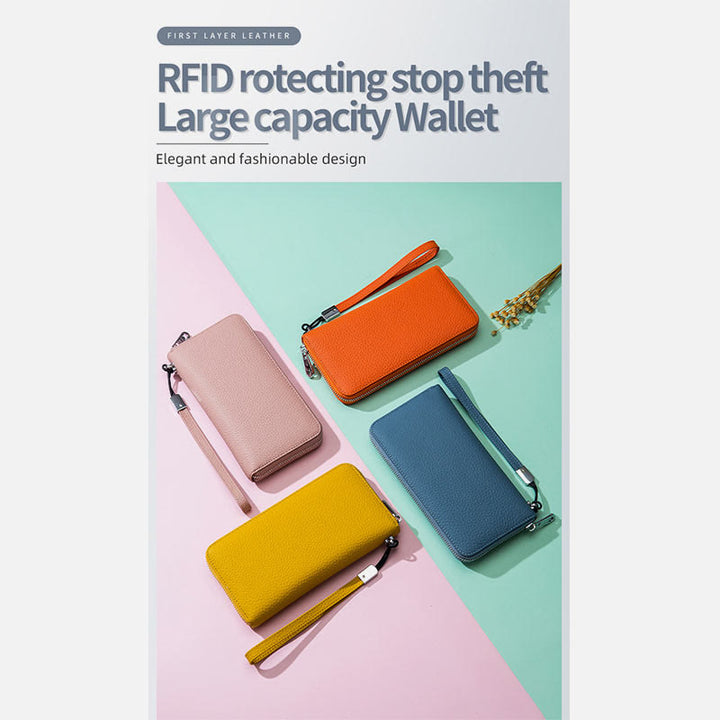 sportliche Lange Brieftasche mit RFID-Schutz, geräumige Leder-Telefonbörse für Damen