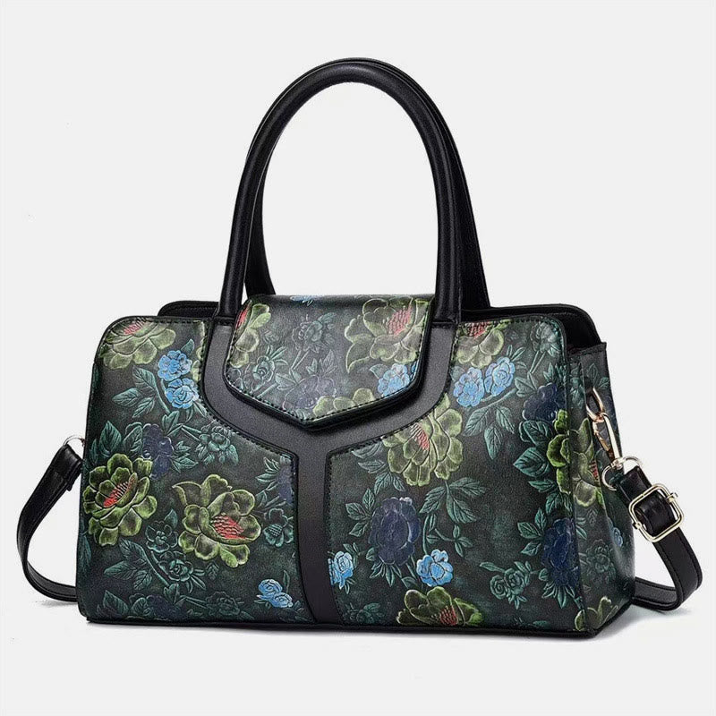 Retro Floral Emboss Handtasche Damen Horizontale Umhängetasche aus Leder