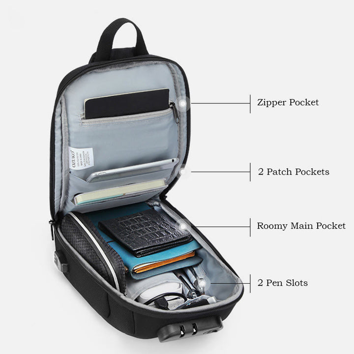 Modische Schultertasche mit mehreren Taschen, Brusttasche mit Passschloss und USB-Ladeanschluss