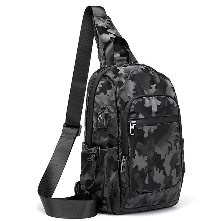 Kleine schwarze Sling-Umhängetasche für Damen und Herren, Tagesrucksack mit USB-Ladegerät