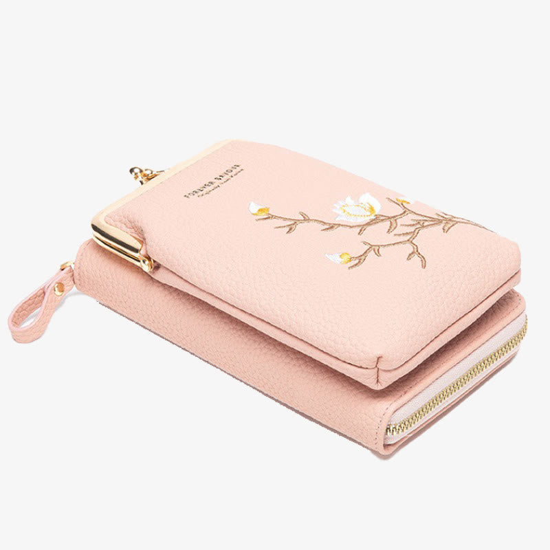 Elegante bestickte Handytasche Damen Mini Crossbody Leder Geldbörse