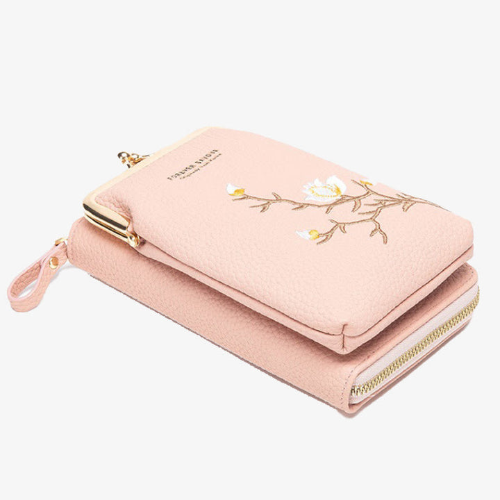 Elegante bestickte Handytasche Damen Mini Crossbody Leder Geldbörse