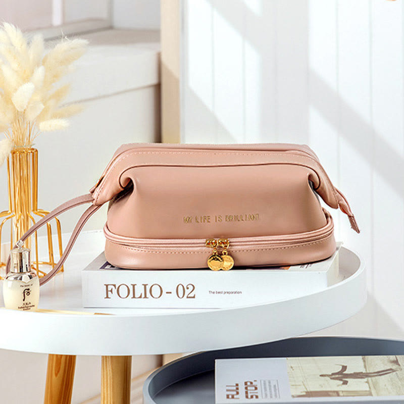 Make-up-Tasche für Damen, tragbare Reise-Kulturtasche aus Leder
