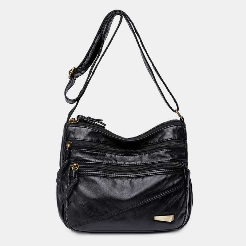 Umhängetasche aus weichem Leder mit zwei Fächern, Retro-Handtasche für Damen