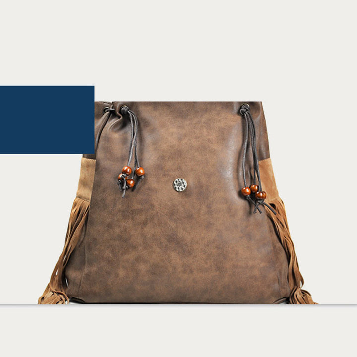 Rucksack für Damen im ethnischen Stil mit Druck und Quaste, Tagesrucksack aus Leder