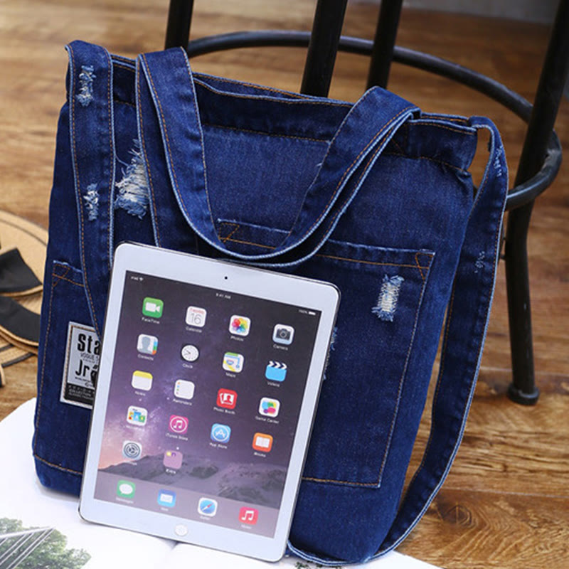 Denim Tote für Ausflüge Retro Canvas zerrissene Umhängetasche - image 14