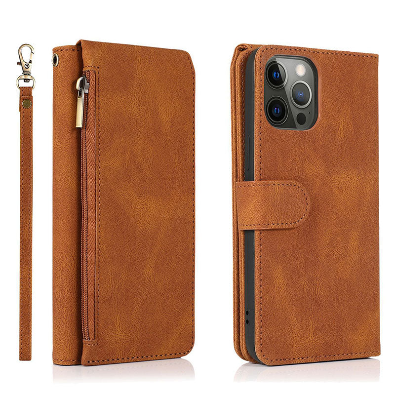 Brieftaschenetui für iPhone Samsung, langlebiges Flip-Lanyard-Gurt-Armband, Reißverschluss, Kartenhalter