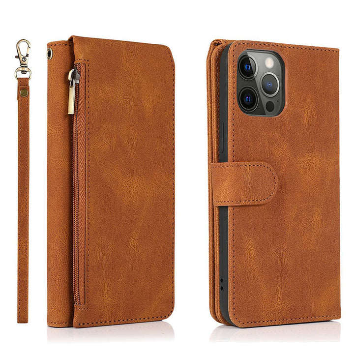 Brieftaschenetui für iPhone Samsung, langlebiges Flip-Lanyard-Gurt-Armband, Reißverschluss, Kartenhalter