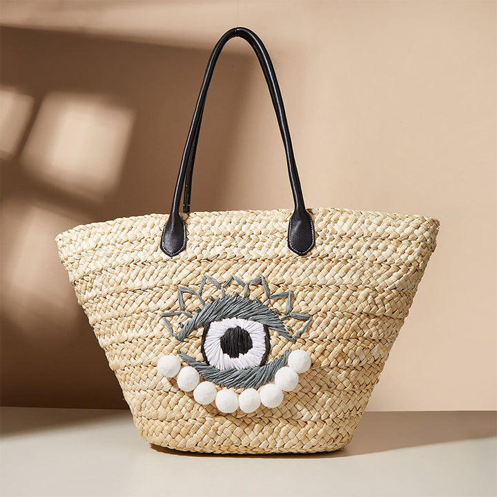 Handgemachte Evil Eye Stroh gewebte Handtaschen Sommer Hobo Schultertaschen Geldbörse