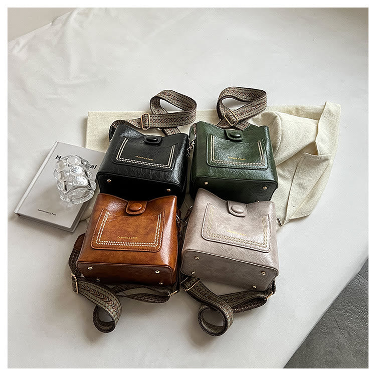 Damen Bucket Bag mit breitem Riemen, einfarbig, elegante Umhängetasche