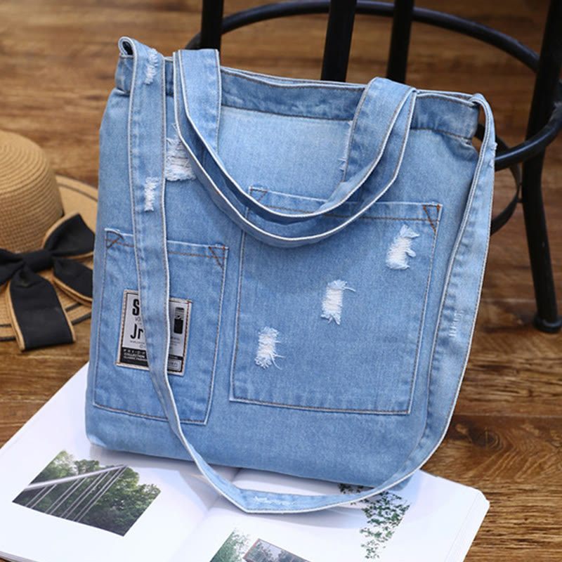 Denim Tote für Ausflüge Retro Canvas zerrissene Umhängetasche - # B - Himmelblau - image 18