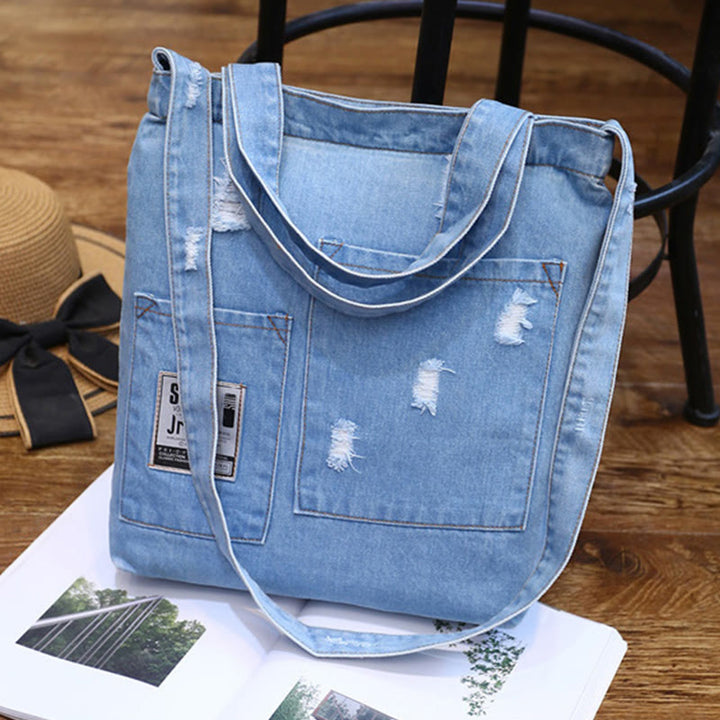 Denim Tote für Ausflüge Retro Canvas zerrissene Umhängetasche - # B - Himmelblau - image 18