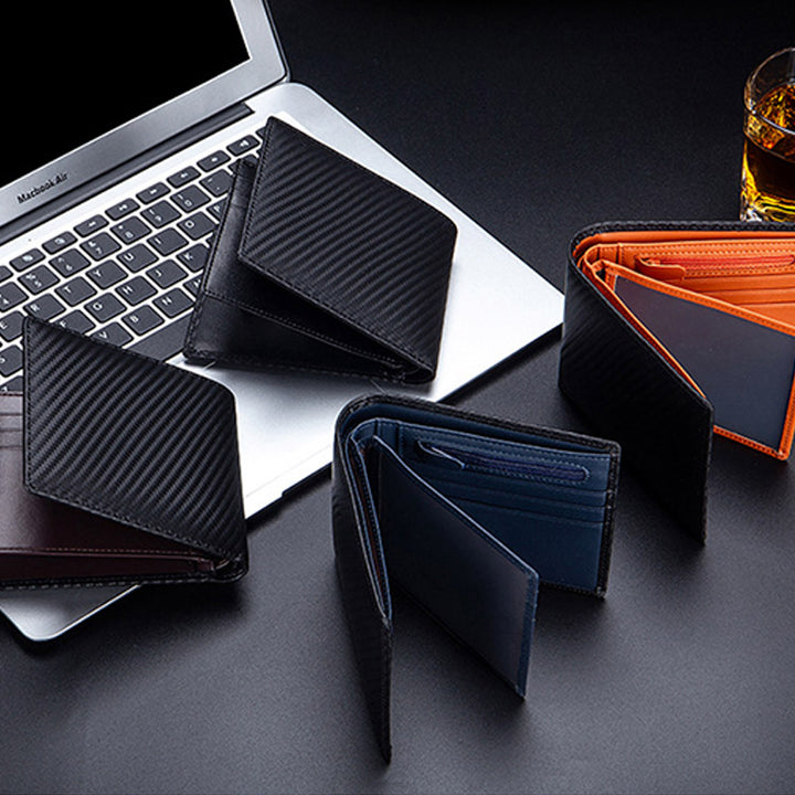 RFID Multi-Slot Prägung Echtes Leder Dreifach gefaltete Super Slim Kurze Brieftasche