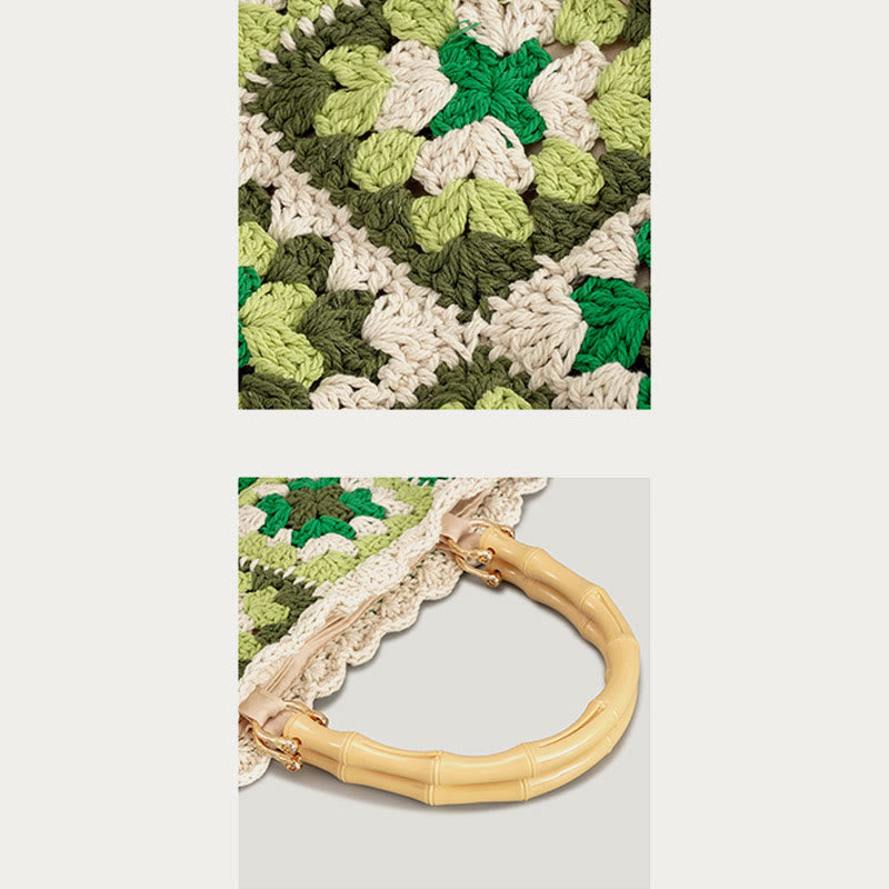 Gestrickte Handtasche mit Blumen-Patchwork-Muster und Bambusgriff