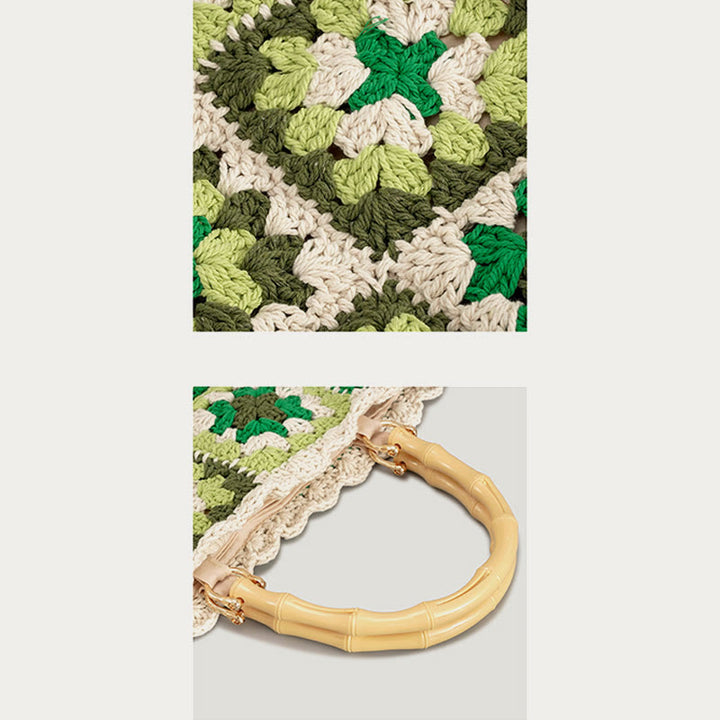 Gestrickte Handtasche mit Blumen-Patchwork-Muster und Bambusgriff