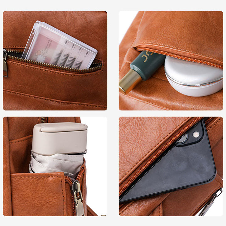 Lederrucksack für Damen, Retro, einfarbig, Mehrzweck-Schultertasche
