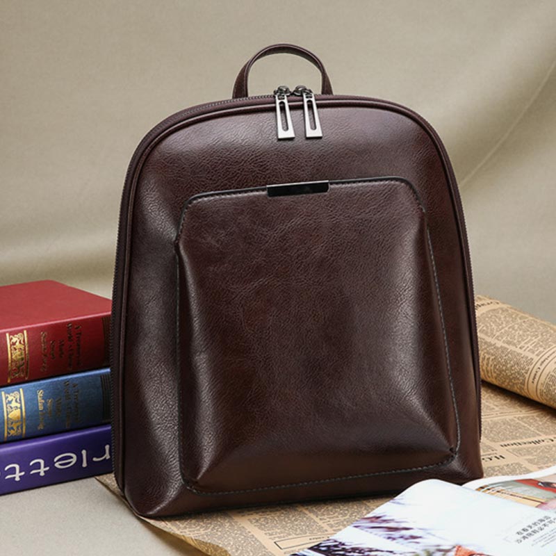 Retro PU Leder Daypack Frauen Casual Rucksack Geldbörse Reißverschluss Schultertasche