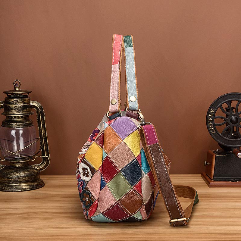 Mehrfarbige Boston-Tasche aus echtem Leder mit Blumenmuster, Hobo-Tragetasche, Umhängetasche