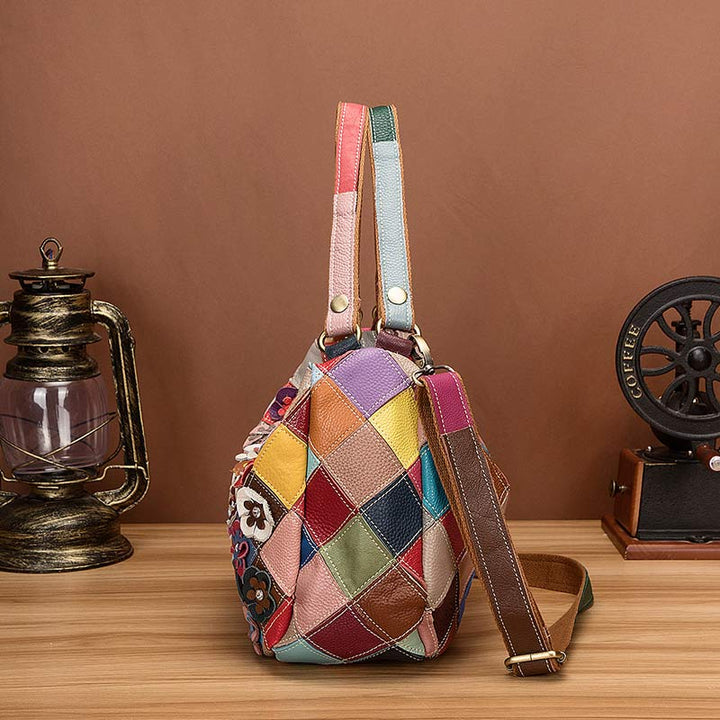 Mehrfarbige Boston-Tasche aus echtem Leder mit Blumenmuster, Hobo-Tragetasche, Umhängetasche