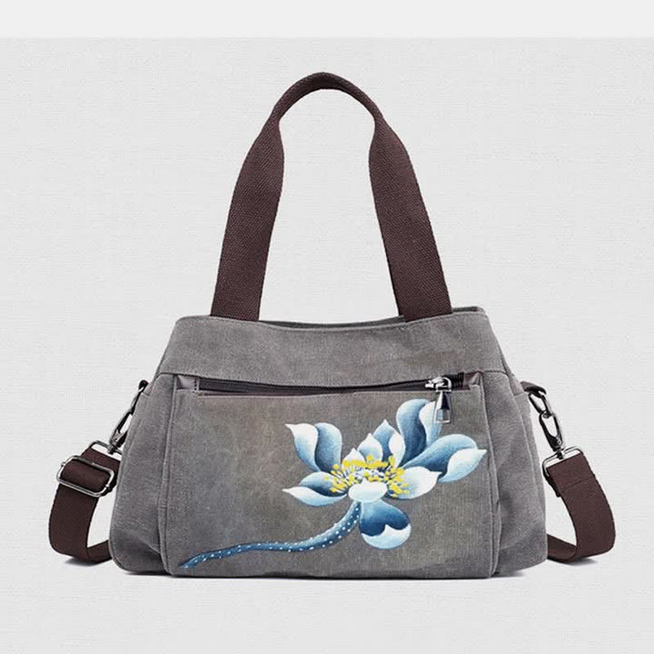 Handtasche aus Segeltuch mit drei Fächern und Blumendruck, Umhängetasche