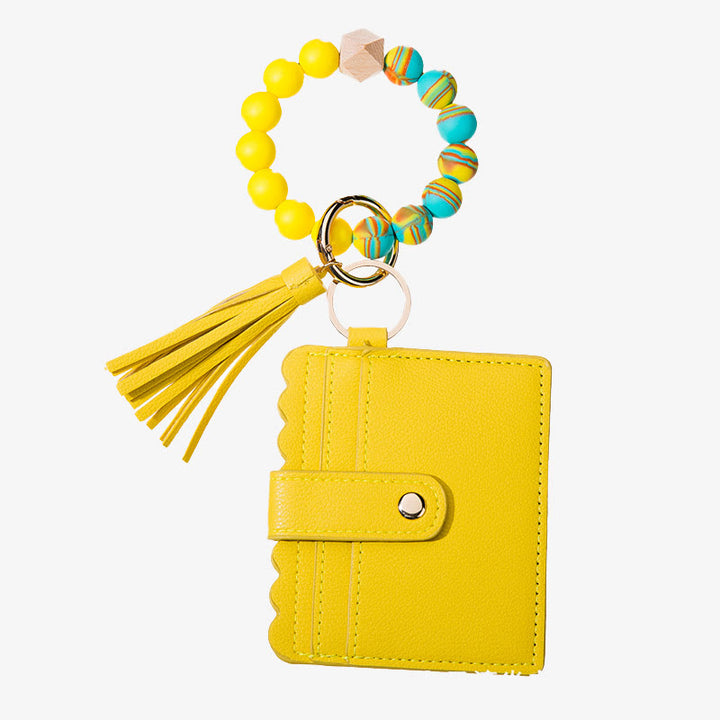 Leder-Kartenhalter für Damen, Silikonperlen-Armband mit Anhänger